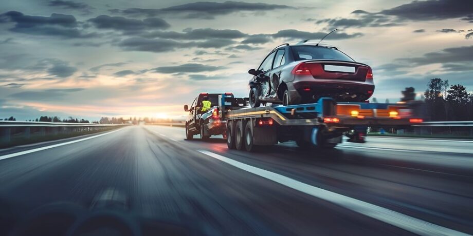 Samochód na lawecie porusza się autostradą o zmierzchu.